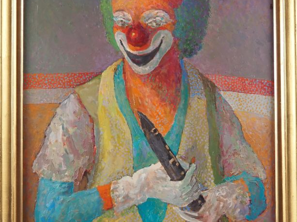 GERARVIEL.  "Clown musicien" Huile sur carton, signée en bas à droite 