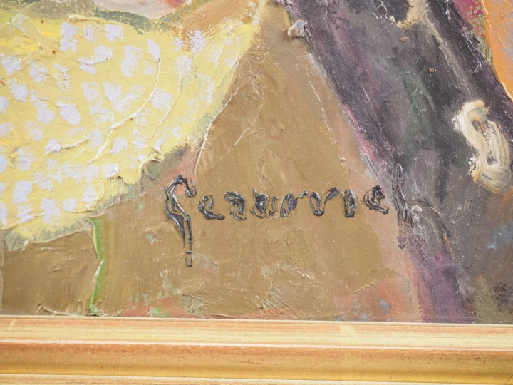 GERARVIEL.  "Clown musicien" Huile sur carton, signée en bas à droite 