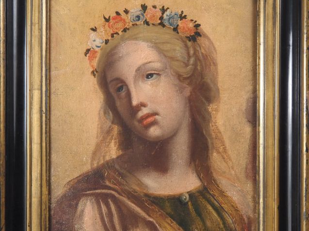 Ecole française XIXème. "Portrait de femme à la couronne de fleurs". H