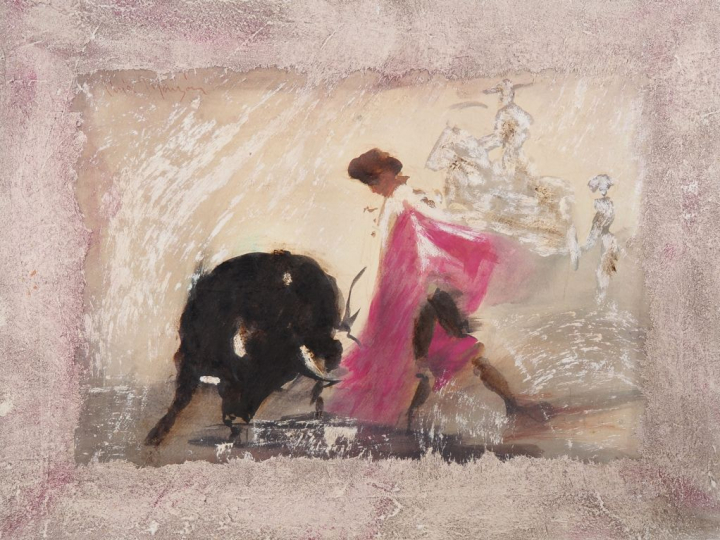 Antonio URIA MONZON. "Scène de corrida". Technique mixte sur panneau s