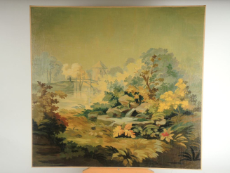 Vente aux enchères Ecole française XIX ème 'Paysage à la fontaine et à la tour'. Paire de