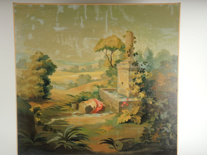 Ecole française XIX ème 'Paysage à la fontaine et à la tour'. Paire de