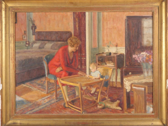 Vente aux enchères Ecole française Xxème. "Mère et son enfant". Huile sur toile signée en