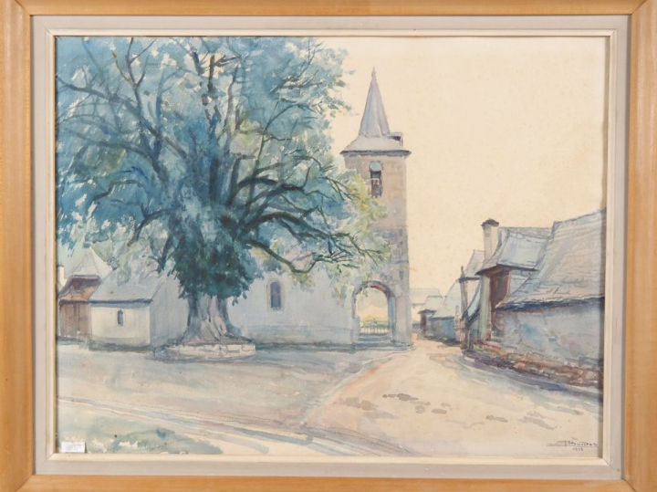 Aquarelle signée en bas à droite Boudet 'La place aux vieux chênes'