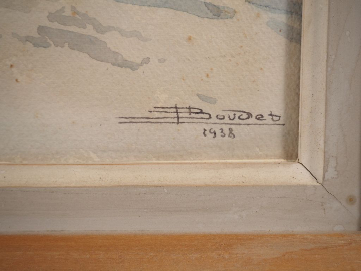 Aquarelle signée en bas à droite Boudet 'La place aux vieux chênes'