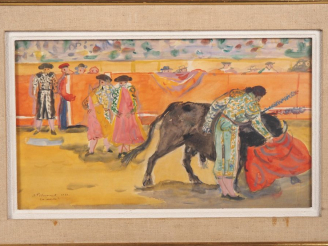Vente aux enchères A. PEDOUSSAUT "La muleta" aquarelle signée en bas à gauche et datée 19