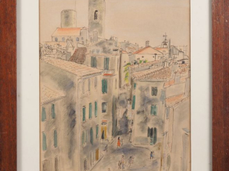 Vente aux enchères DIGNIMONT. "vue d'Antibes" dessin signé en bas à droite et daté 55.