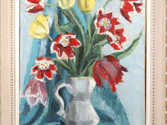 Vente aux enchères A.M. GAJAC 'Le bouquet de tulipes'. Huile sur toile, signée en bas à d