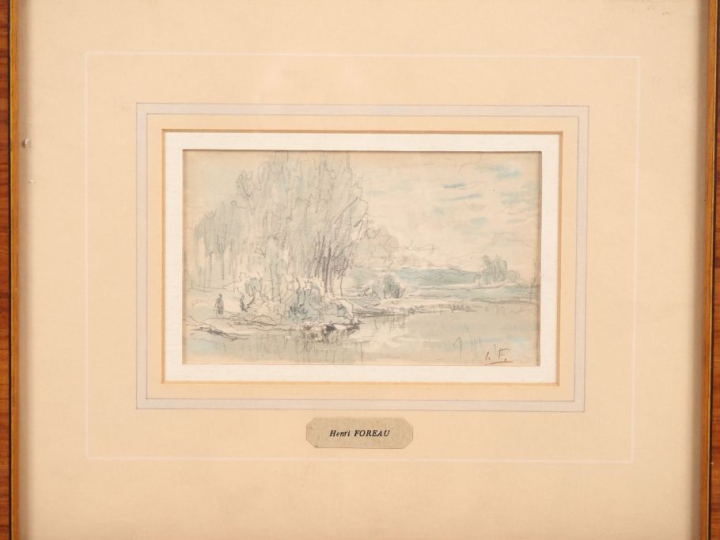 Henry FOREAU 'Dessin aquarellé 'paysage animé'