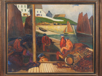 Vente aux enchères PM. CALAL.  "pêcheurs dans un port breton" Huile sur toile, signée en 