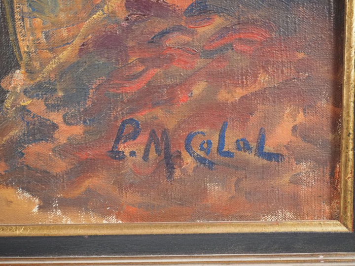 PM. CALAL.  "pêcheurs dans un port breton" Huile sur toile, signée en 