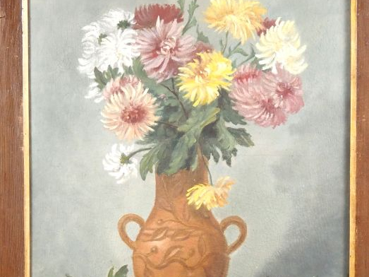 LAMOTTE.  "bouquet de chrysantèmes" Huile sur toile, signée en bas à d