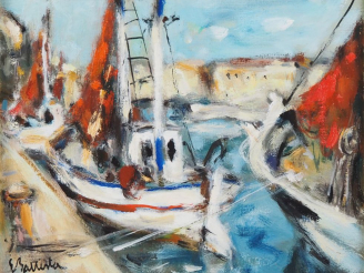 Vente aux enchères Eric BATTISTA.  "bateaux dans le port de Sète" Huile sur toile, signée