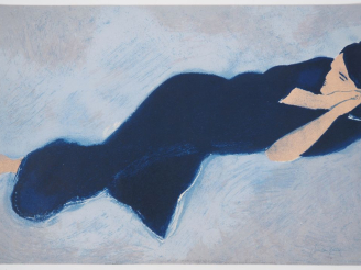 Vente aux enchères BAUCAMPAIN.  "portrait de femme à la robe bleue" Huile sur papier, sig