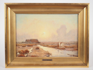 Vente aux enchères Henri BESINE.  "un soir en Camargue" Huile sur carton, signée en bas à