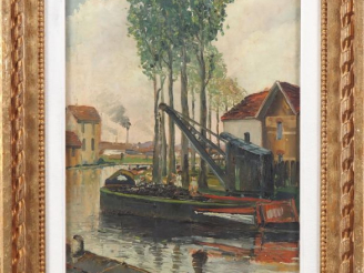 Vente aux enchères Raymond BESSE.  "grue au canal Saint Denis" Huile sur toile, signée en