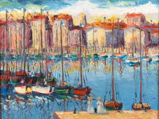 Vente aux enchères Antoine BOGEY.  "Marseille, le port" Huile sur toile, signée en bas à 