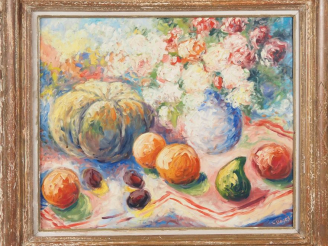Vente aux enchères Antoine BOGEY.  "nature morte aux fleurs et aux fruits" Huile sur isor