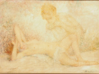 Vente aux enchères Lucien BOULIER.  "Vénus et le faune" Huile sur panneau, signée en bas 