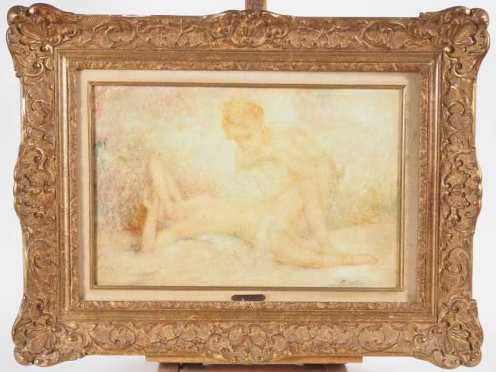 Lucien BOULIER.  "Vénus et le faune" Huile sur panneau, signée en bas 