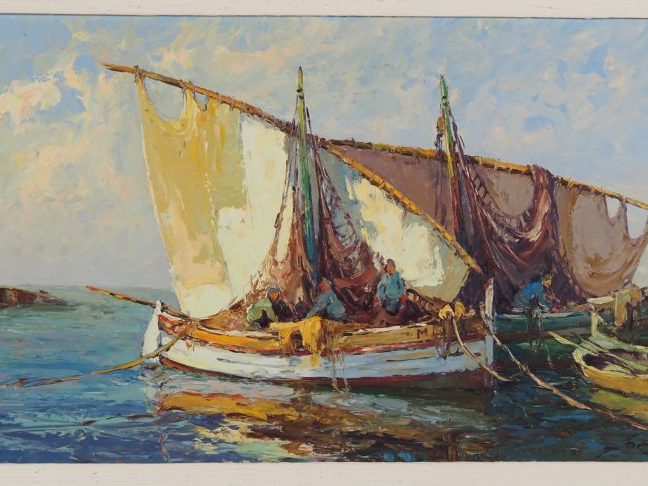 Fortuné CAR.  "Marine provençale" Huile sur panneau d'isorel, signée e