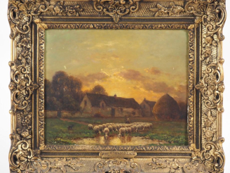 Vente aux enchères Paul CHAIGNEAU (1879-1938). "Troupeau de moutons à la mare" Huile sur 