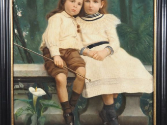 Vente aux enchères Y. COMET.  "les deux enfants sur une balustrade" Huile sur toile, sign