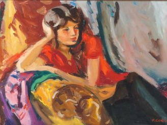 Vente aux enchères Pierre CORNU.  "portrait de jeune fille pensive" Huile sur toile, sign
