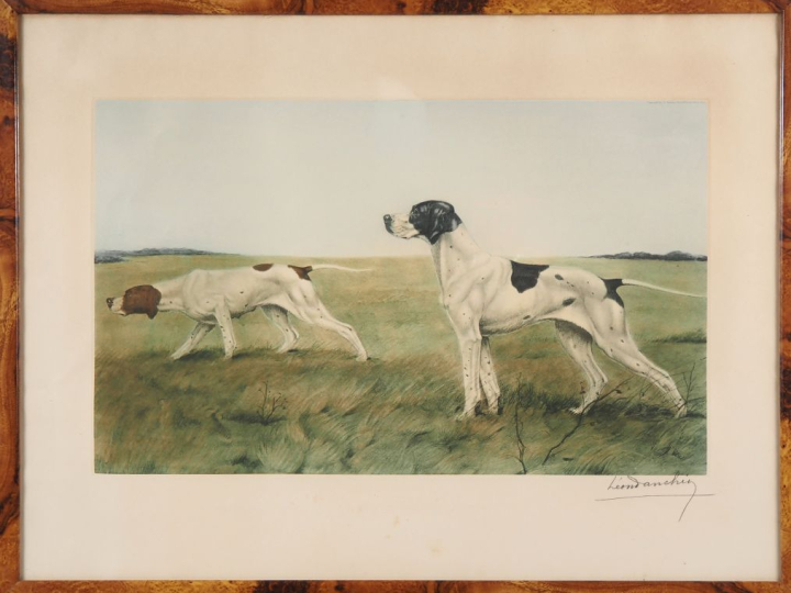 Léon DANCHIN.  "les pointers" Lithographie, contresignée en bas à droi