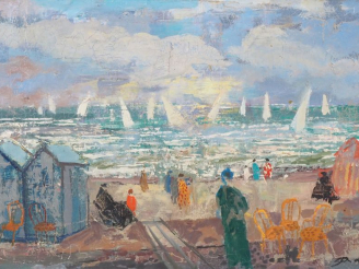 Vente aux enchères Emilio GRAU-SALA.  "plage animée" Huile sur toile, signée en bas à dro