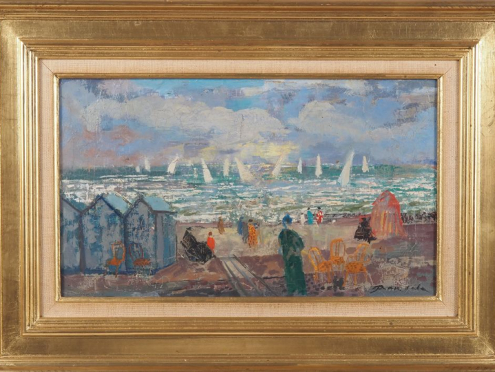 Emilio GRAU-SALA.  "plage animée" Huile sur toile, signée en bas à dro