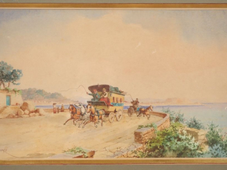 Vente aux enchères Emile HENRY.  "La diligence "Var-Nice" sur la corniche" Aquarelle, sig