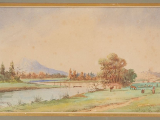 Vente aux enchères Emile HENRY.  "bord de rivière animé" Aquarelle, signée en bas à gauch
