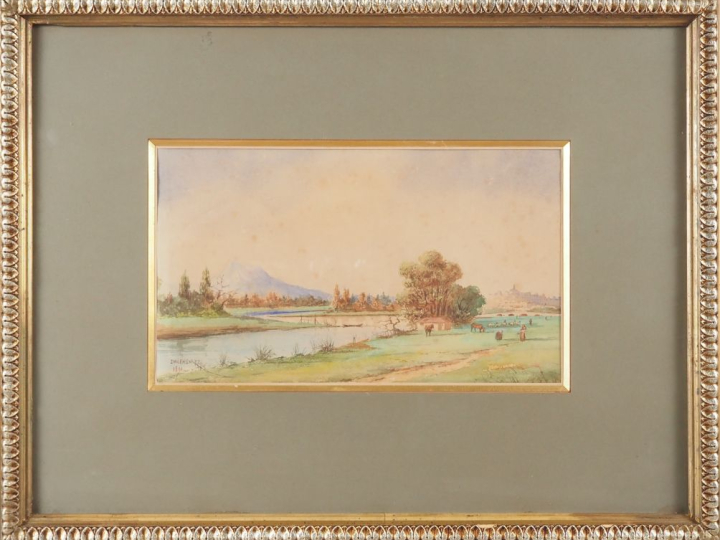Emile HENRY.  "bord de rivière animé" Aquarelle, signée en bas à gauch