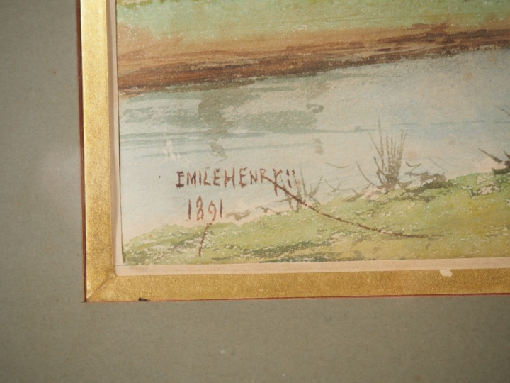 Emile HENRY.  "bord de rivière animé" Aquarelle, signée en bas à gauch