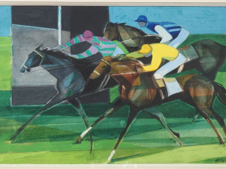 Camille HILAIRE.  "course de chevaux, l'arrivée" Aquarelle, signée en 