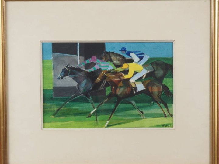 Camille HILAIRE.  "course de chevaux, l'arrivée" Aquarelle, signée en 