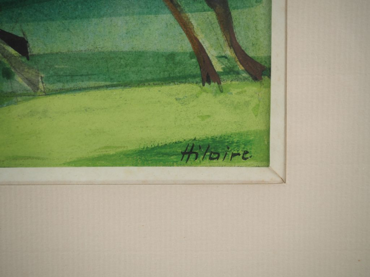 Camille HILAIRE.  "course de chevaux, l'arrivée" Aquarelle, signée en 
