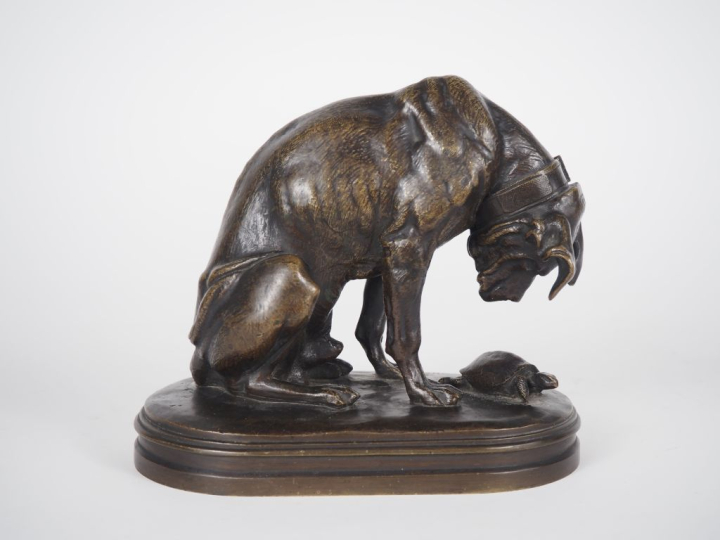 Alfred JACQUEMART.  "le chien à la tortue" Sujet en bronze à patine br