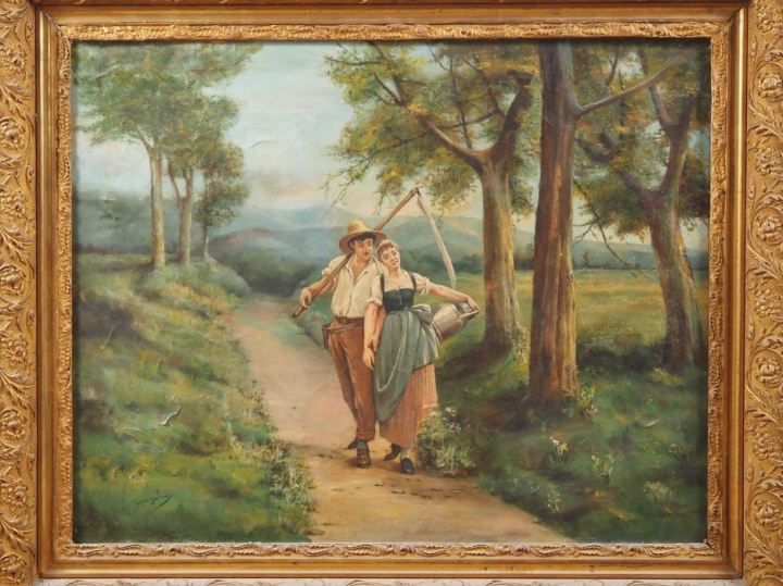 JULIA. "paysans sur un chemin de campagne" Huile sur toile, signée en 