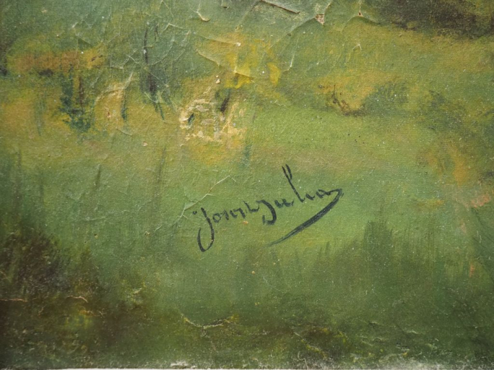 JULIA. "paysans sur un chemin de campagne" Huile sur toile, signée en 