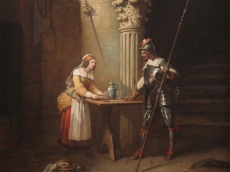 Vente aux enchères Henri le COMTOIS. « Servante et garde dans le château » Huile sur toil