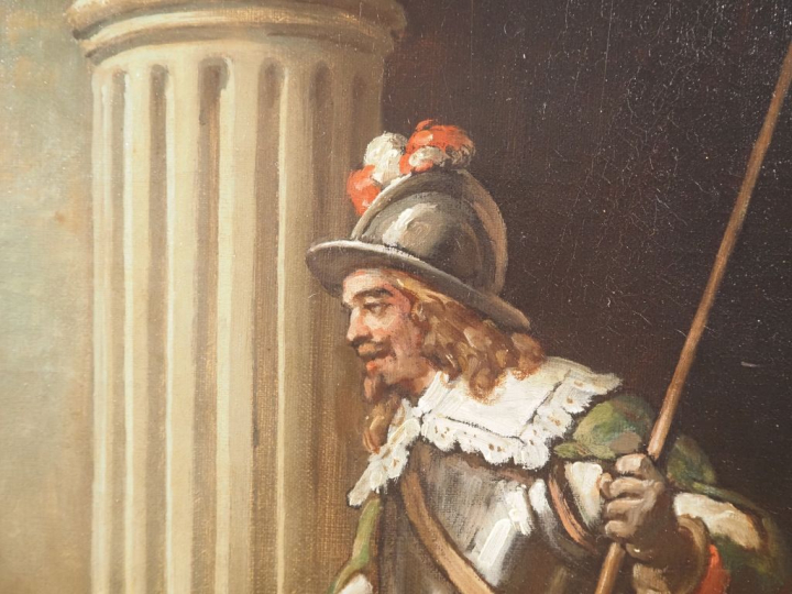 Henri le COMTOIS. « Servante et garde dans le château » Huile sur toil