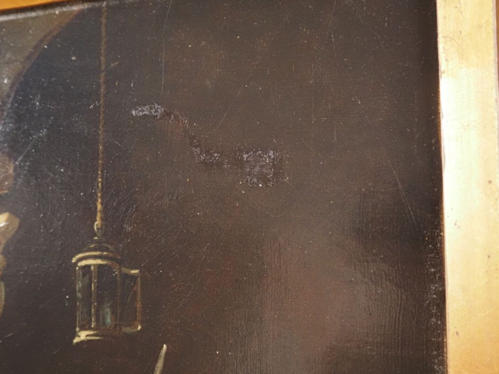 Henri le COMTOIS. « Servante et garde dans le château » Huile sur toil