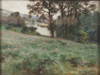 Vente aux enchères Léon  LHERMITTE (1844-1925). "Coteau fleuri au bord de la rivière" Pas