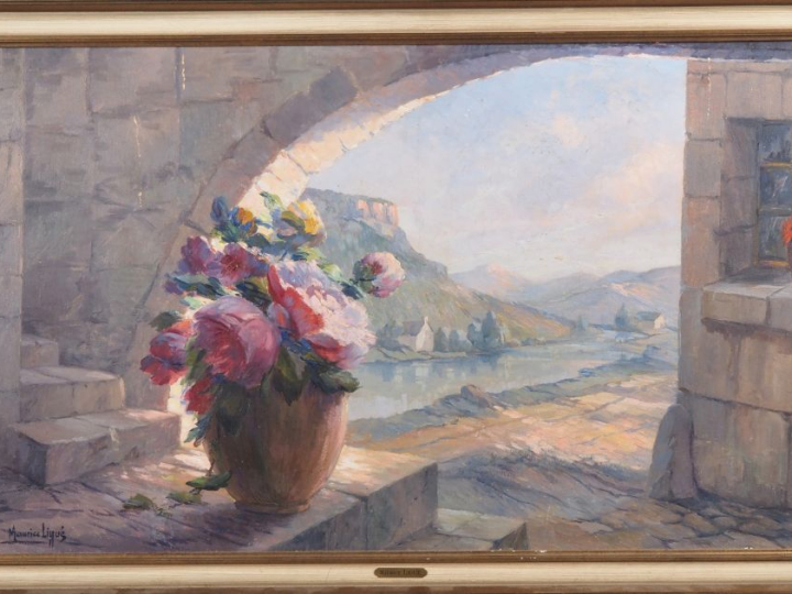 Maurice LIGUE.  "bouquet de pivoines sur fond de paysage Huile sur pan