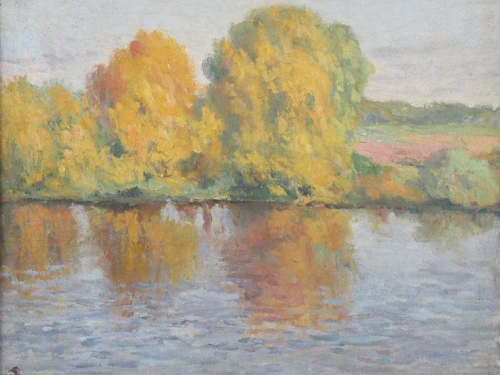 Maximilien LUCE (1858-1941). "Arbres en bord de Seine à Rolleboise" (?