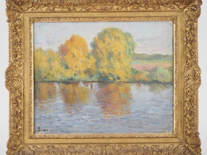 Maximilien LUCE (1858-1941). "Arbres en bord de Seine à Rolleboise" (?