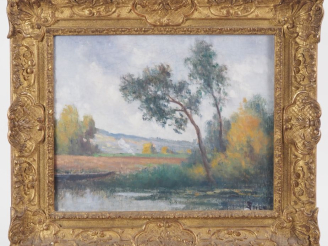 Vente aux enchères Maximilien LUCE (1858-1941). "Arbres au bord de l'eau et barque" Huile