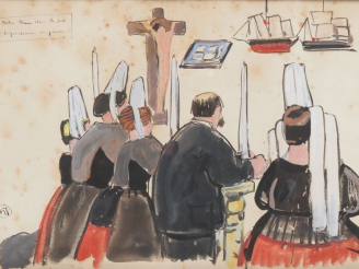 Vente aux enchères Mathurin MEHEUT.  "famille bigoudène en prière, chapelle Notre Dame de
